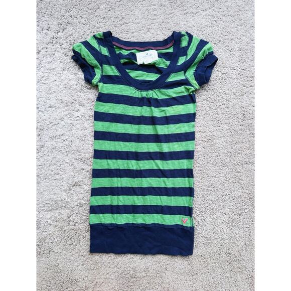 American Eagle Y2K Vintage Striped Puff Sleeve Scoop Neck Top Blue Green XS 90s - Picture 2 of 4